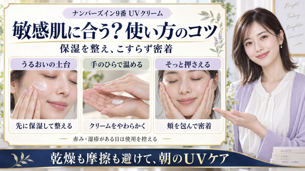 ナンバーズイン9番UVクリームを敏感肌に使う際の保湿、手のひらで温める、頬をそっと押さえる3つのコツ