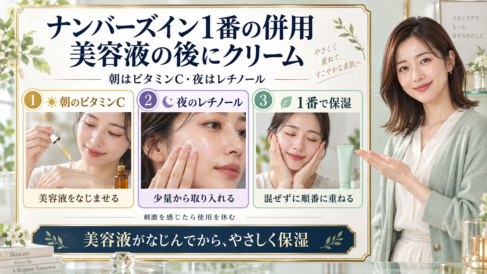 ナンバーズイン1番パントテン酸クリームを朝のビタミンC、夜のレチノール美容液の後にやさしく重ねる併用方法