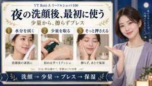 VT Reti-Aリードルショット100を夜の洗顔後に少量から使い、擦らずプレスして保湿する順番