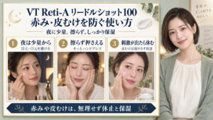 VT Reti-Aリードルショット100の注意点。夜に少量を使い、擦らず押さえ、赤みや皮むけが出たら休止と保湿を行う3つの実写カード