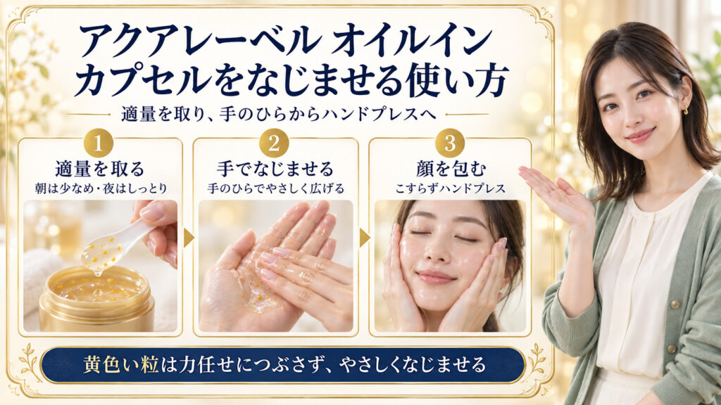 アクアレーベル オイルインの使い方。適量を取り、手のひらでカプセルをやさしくなじませ、顔を包むハンドプレスの3手順