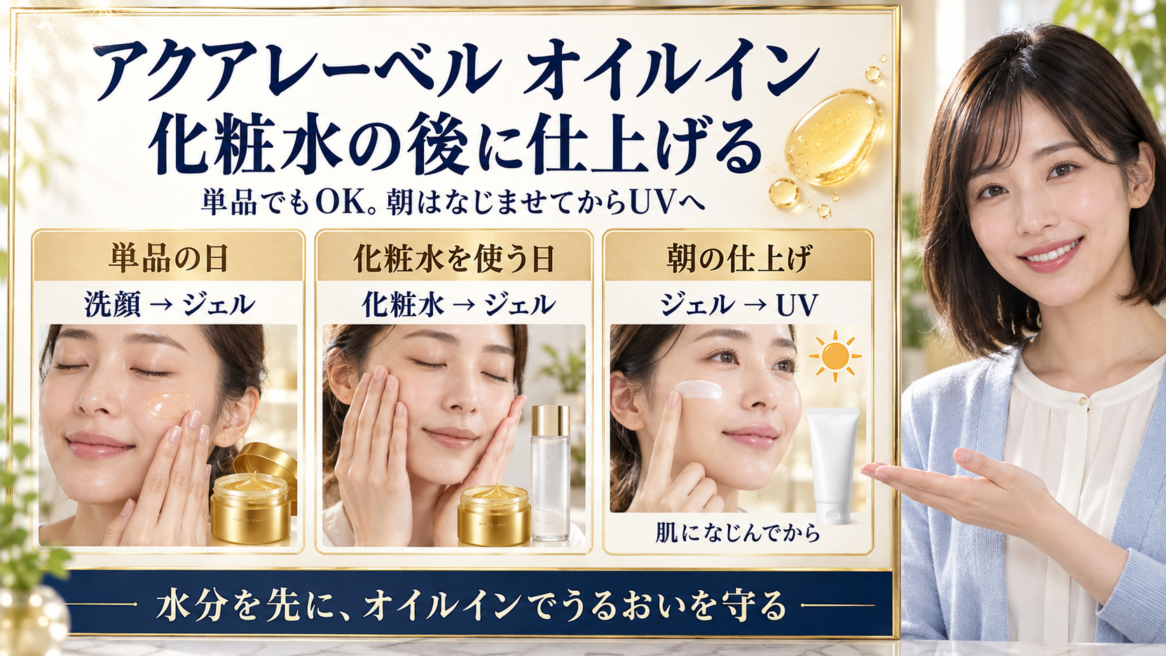 アクアレーベルオイルインの順番。単品は洗顔後、化粧水併用は化粧水の後、朝はジェルがなじんでからUVを重ねる。