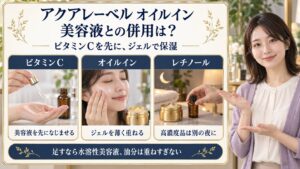 アクアレーベルオイルインと美容液の併用。ビタミンC美容液を先になじませ、ジェルを薄く重ね、高濃度レチノールは別の夜に使う3つのポイント