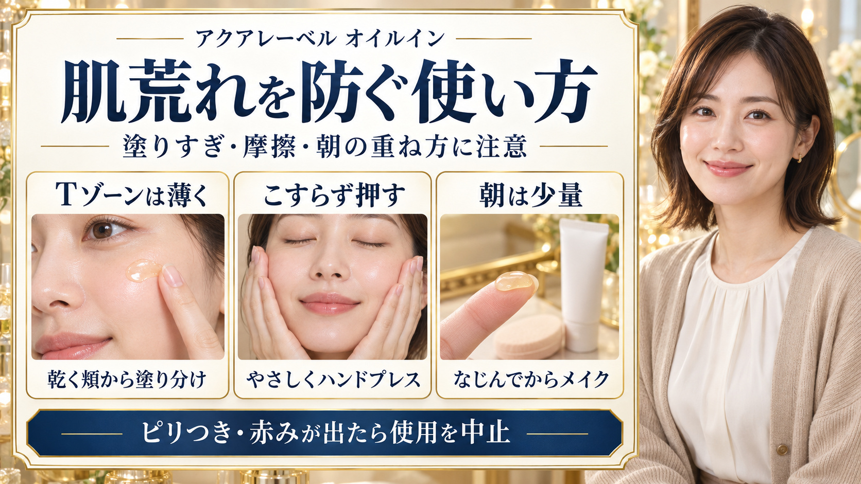 アクアレーベルオイルインの注意点。Tゾーンは薄く、こすらずハンドプレス、朝は少量。ピリつきや赤みが出たら使用を中止。