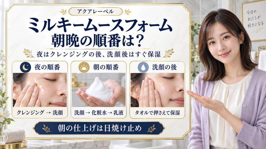 アクアレーベル ミルキームースフォームの朝晩の順番。夜はクレンジング後、朝は洗顔から化粧水と乳液へ進み、洗顔後すぐ保湿する。