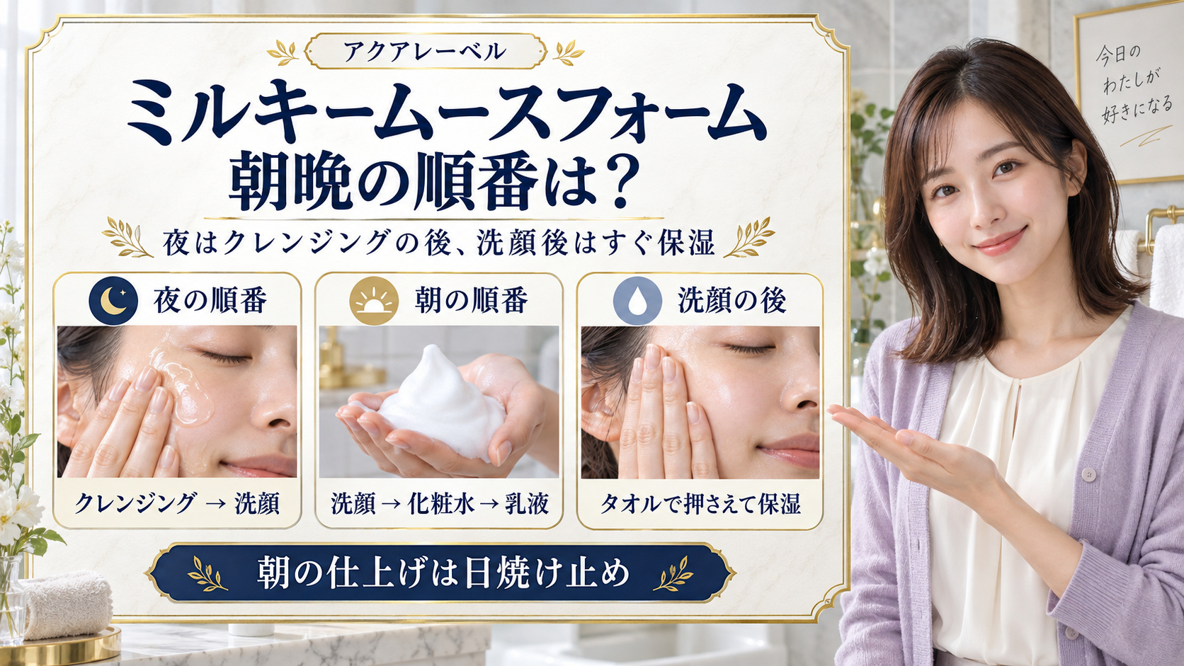 アクアレーベル ミルキームースフォームの朝晩の順番。夜はクレンジング後、朝は洗顔から化粧水と乳液へ進み、洗顔後すぐ保湿する。