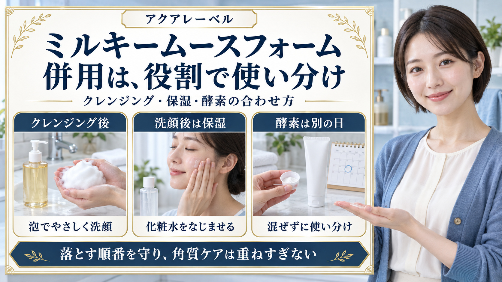 アクアレーベルのミルキームースフォームはクレンジング後に泡洗顔し、洗顔後は保湿、酵素洗顔は混ぜず別の日に使い分ける3つの併用方法