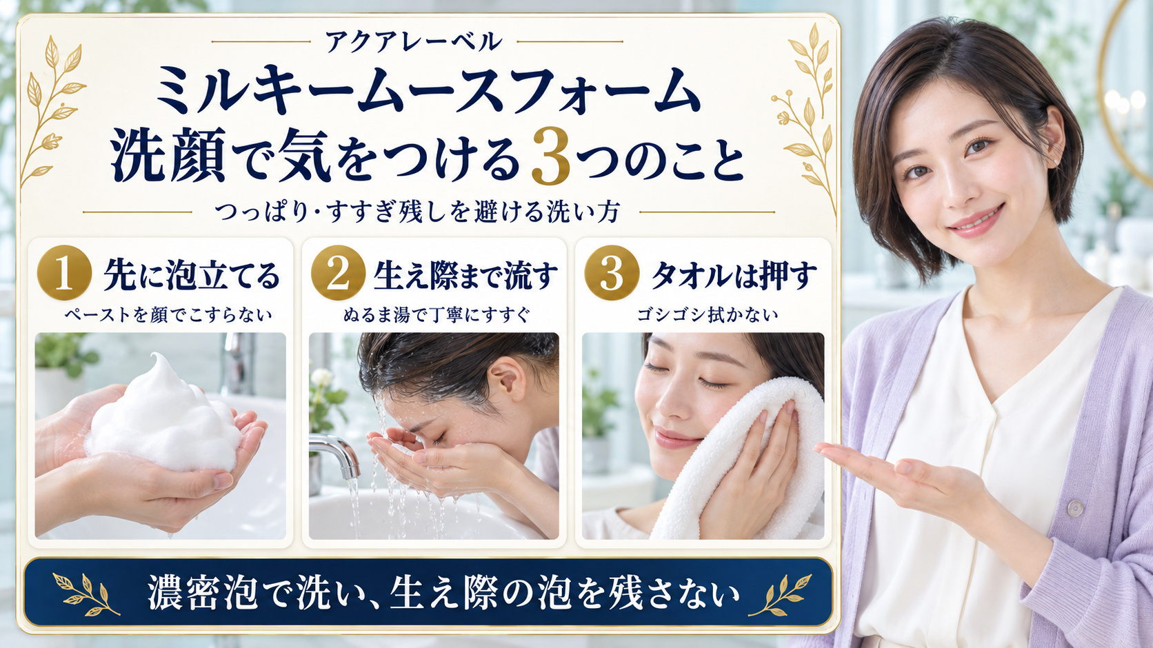 アクアレーベルのミルキームースフォームの注意点。先に泡立てる、生え際までぬるま湯で流す、タオルは押して拭く3つの洗顔動作。