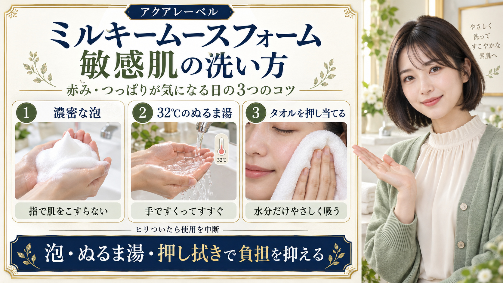アクアレーベルのミルキームースフォームを敏感肌で使うときの濃密泡、32℃のぬるま湯、タオルの押し拭きを示す3カード