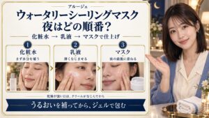 アルージェのウォータリーシーリングマスクを夜に使う順番。化粧水で水分を補い、乳液を薄くなじませ、最後にジェルマスクを重ねる3工程。