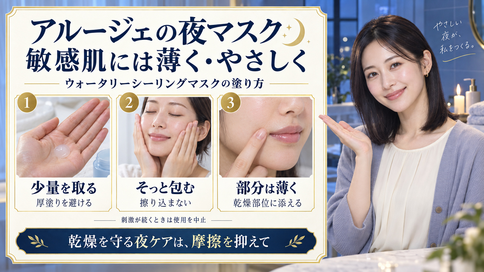アルージェのウォータリーシーリングマスクを敏感肌に使う夜ケア。少量を取り、そっと包み、乾燥部位には薄く添える3つの塗り方。