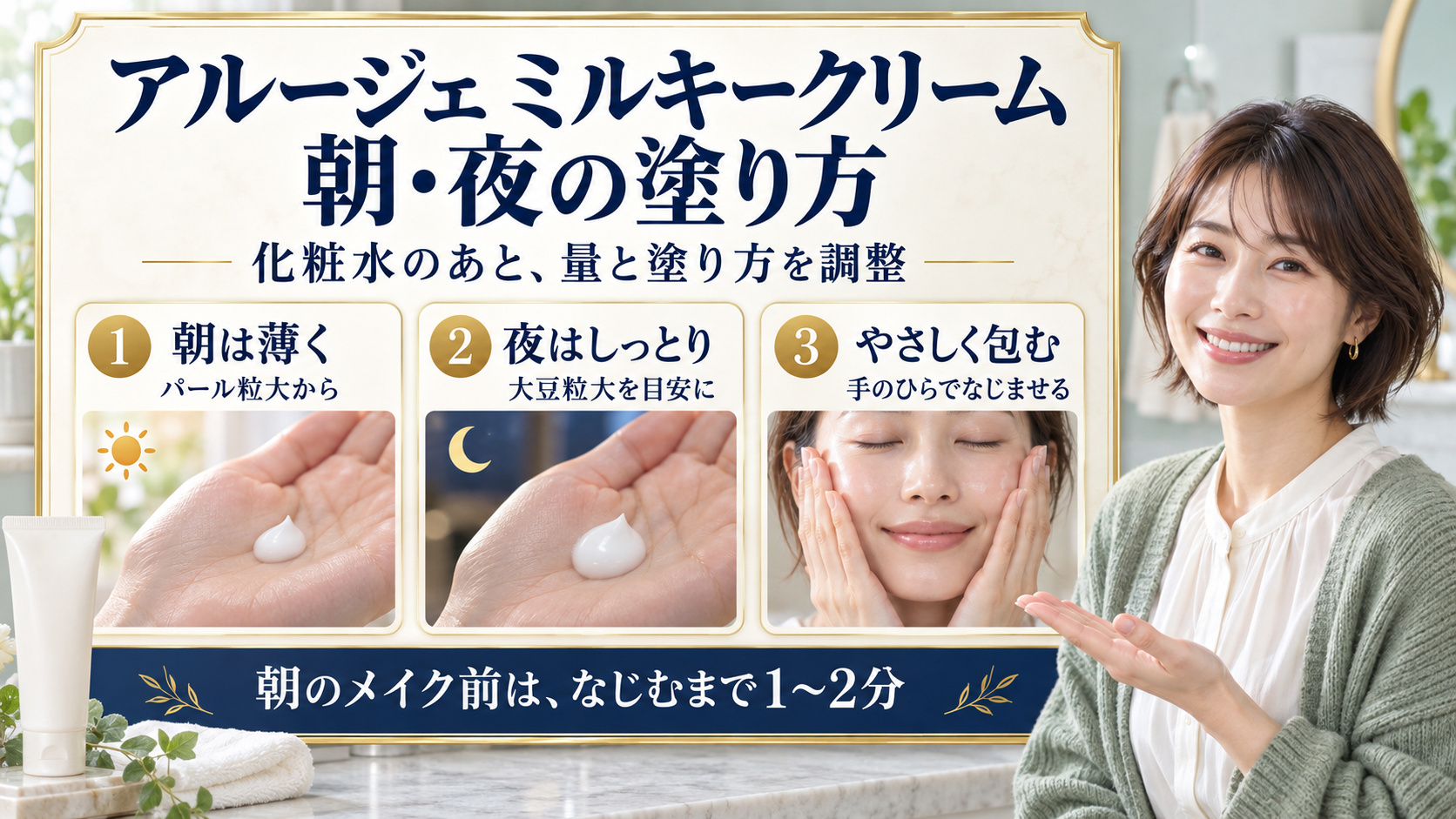 アルージェ ミルキークリームの朝夜の塗り方。朝はパール粒大から薄く、夜は大豆粒大を目安に、手のひらでやさしくなじませる