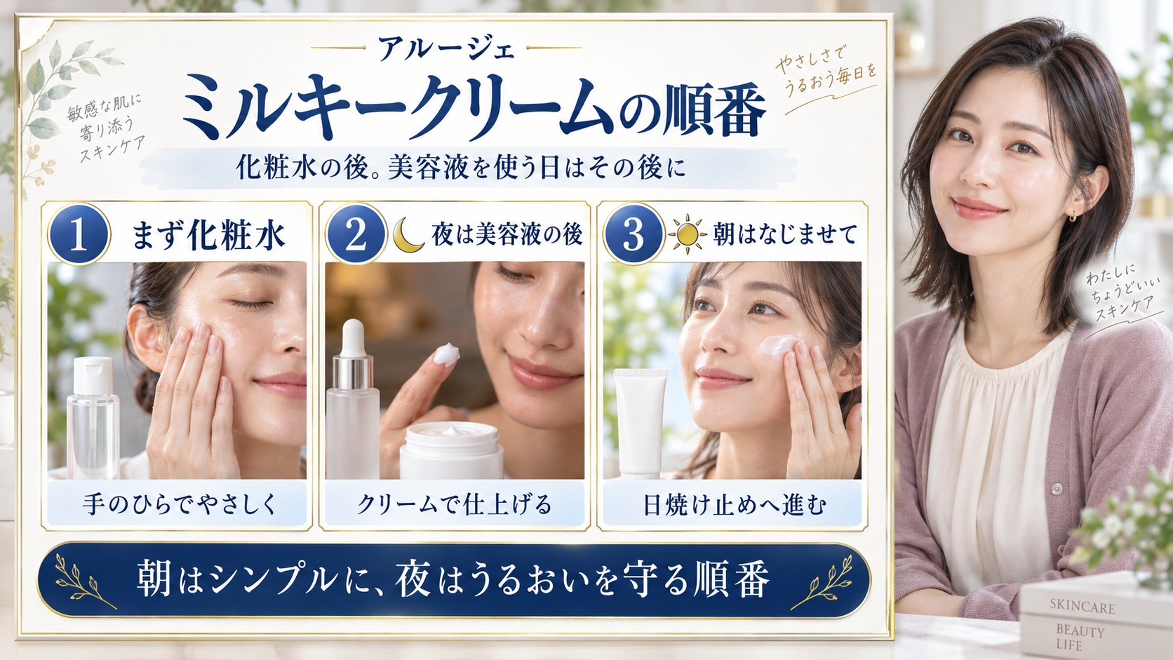アルージェのミルキークリームは化粧水の後、美容液を使う日はその後に。朝夜の順番を3つの実写カードで解説