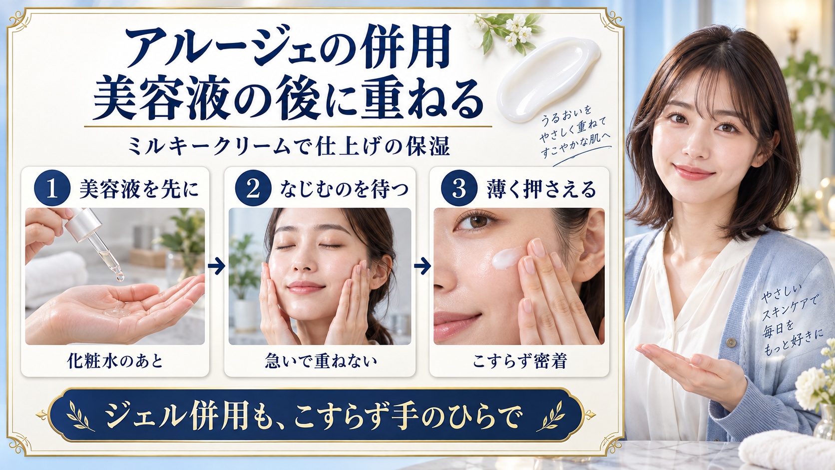 アルージェのミルキークリームを美容液の後に併用する順番と、なじませて薄く押さえる3つのポイント