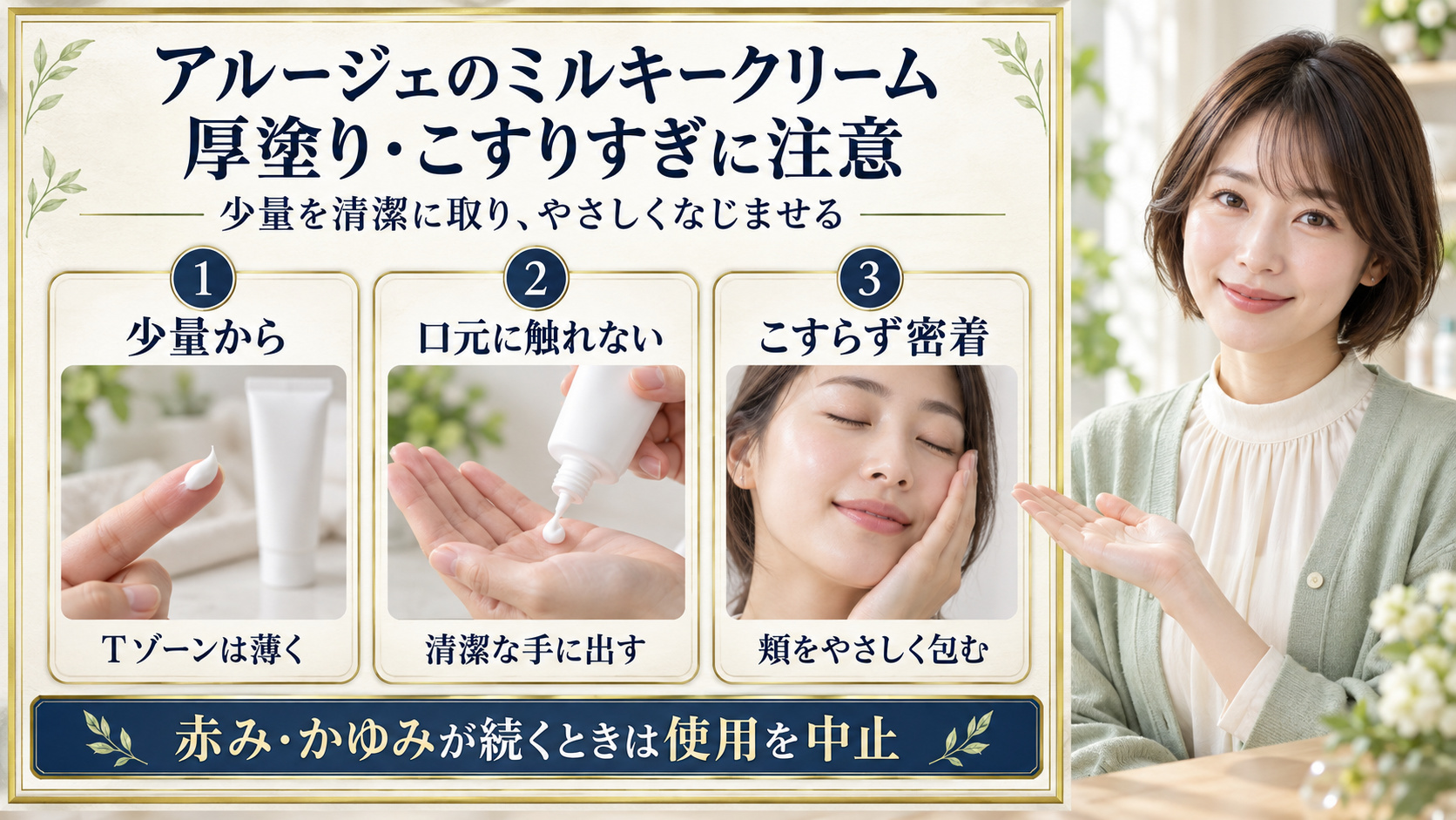 アルージェのミルキークリームの注意点。少量から使い、容器の口元に触れず清潔な手に出し、頬をこすらずやさしく包む3つの使い方
