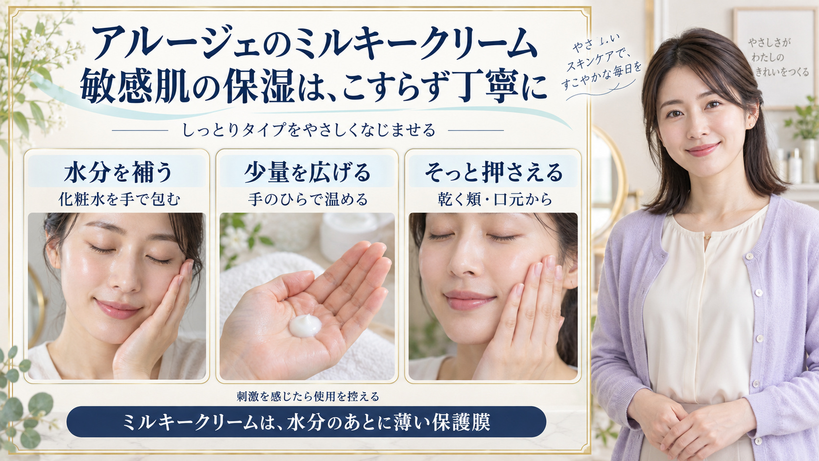 アルージェのミルキークリームを敏感肌に使う際、化粧水で水分を補い、少量を手のひらで温め、乾く頬や口元から優しく押さえる保湿手順