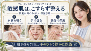 アルージェスキントラブルケアリキッドを敏感肌に使う際の、タオルで水滴を吸う・手で包む・乳液やクリームで保護する保湿手順