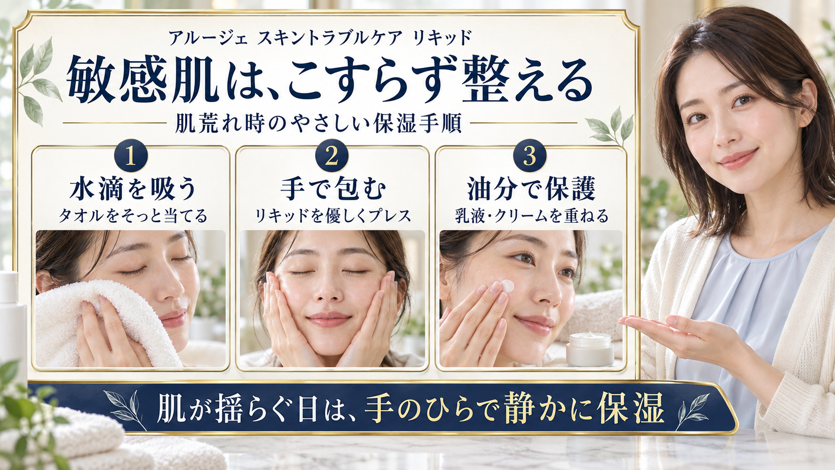 アルージェスキントラブルケアリキッドを敏感肌に使う際の、タオルで水滴を吸う・手で包む・乳液やクリームで保護する保湿手順