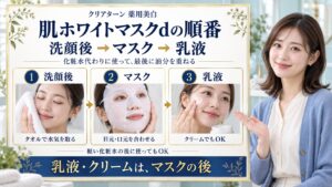クリアターン薬用美白肌ホワイトマスクdは洗顔後に使い、乳液やクリームを最後に重ねる順番。軽い化粧水の後でも使用可能。