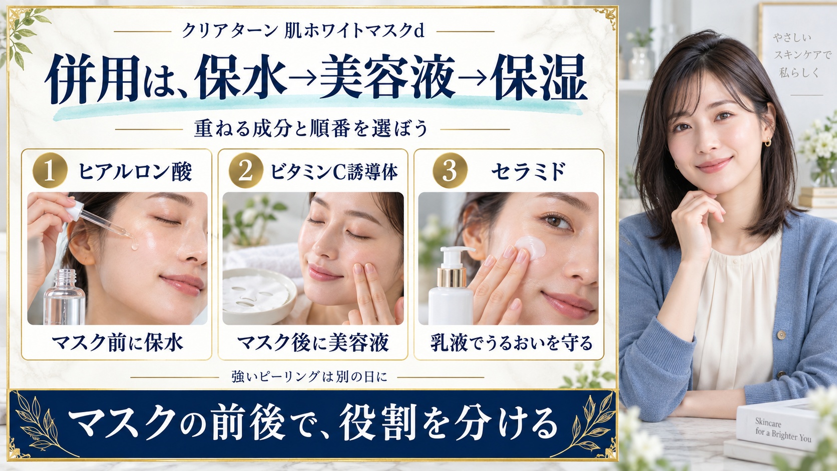 クリアターン肌ホワイトマスクdとの併用順序。マスク前のヒアルロン酸、マスク後のビタミンC誘導体、セラミド乳液による保湿を実写3カードで説明