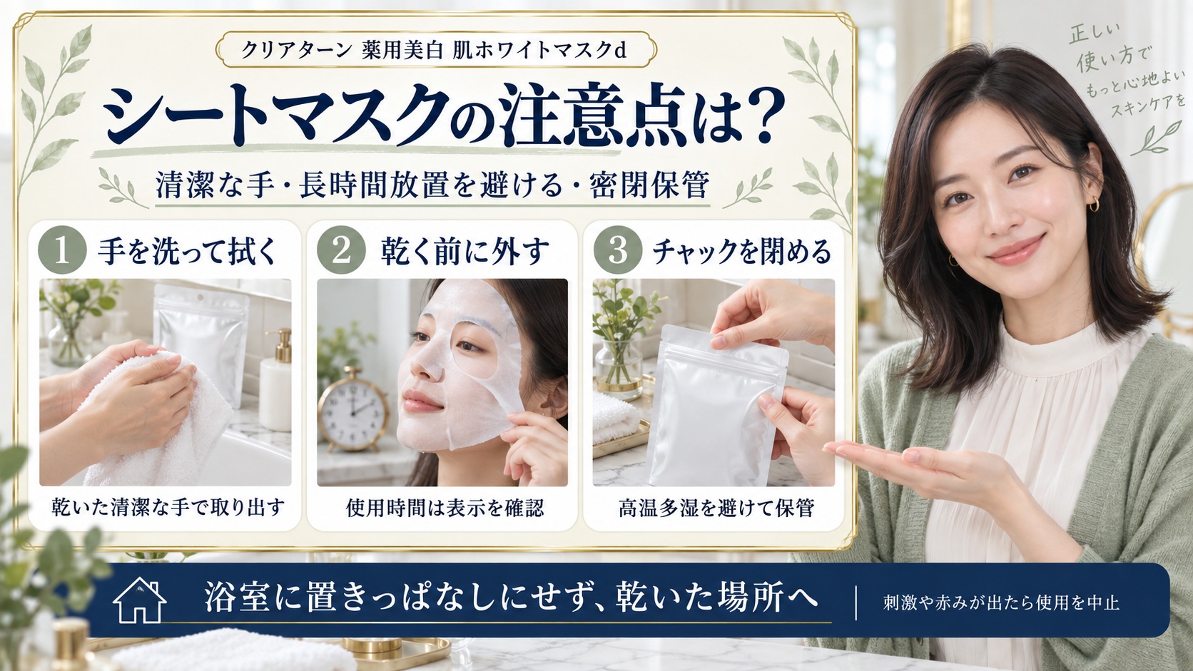 クリアターン肌ホワイトマスクdの注意点。清潔な乾いた手で取り出し、乾く前に外し、チャックを閉めて乾燥した場所に保管する3つの動作