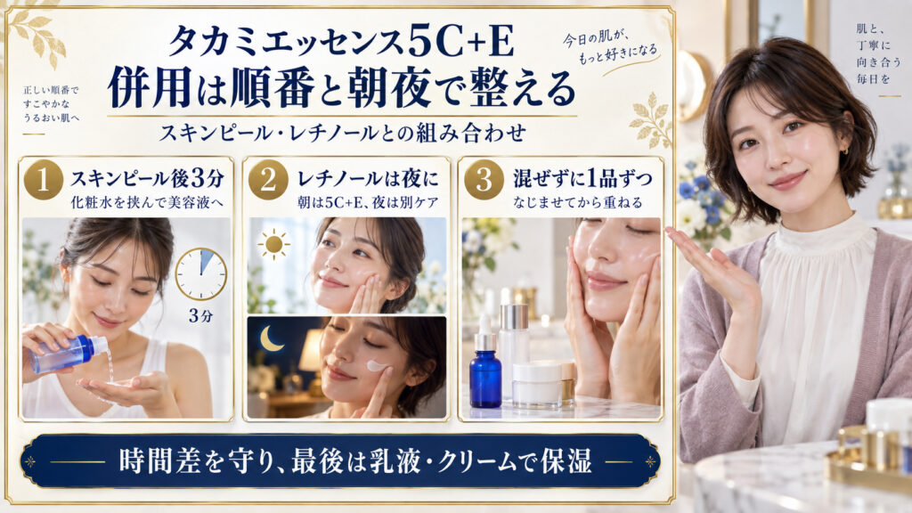 タカミエッセンス5C+Eの併用。スキンピール後3分待って化粧水を挟み、レチノールは夜に分け、混ぜずに1品ずつ重ねて保湿する3つの実写カード