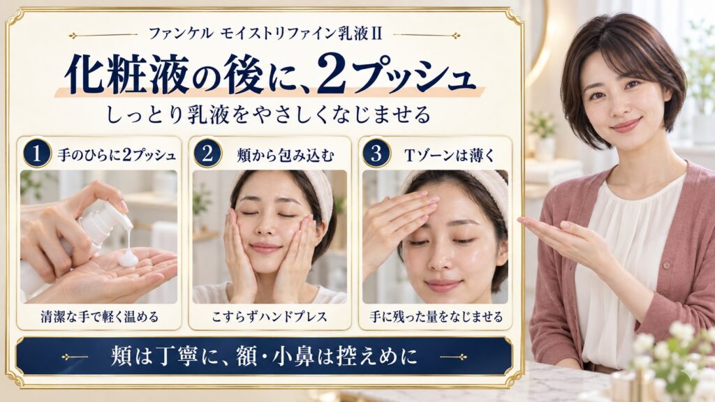 ファンケルモイストリファイン乳液IIを化粧液の後に2プッシュ使い、頬をハンドプレスしてTゾーンを薄く仕上げる手順