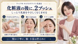 ファンケルモイストリファイン乳液IIを化粧液の後に2プッシュ使い、頬をハンドプレスしてTゾーンを薄く仕上げる手順
