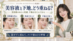 ファンケルモイストリファイン乳液IIは美容液のあとに重ね、朝の下地まで1〜2分なじませる併用手順