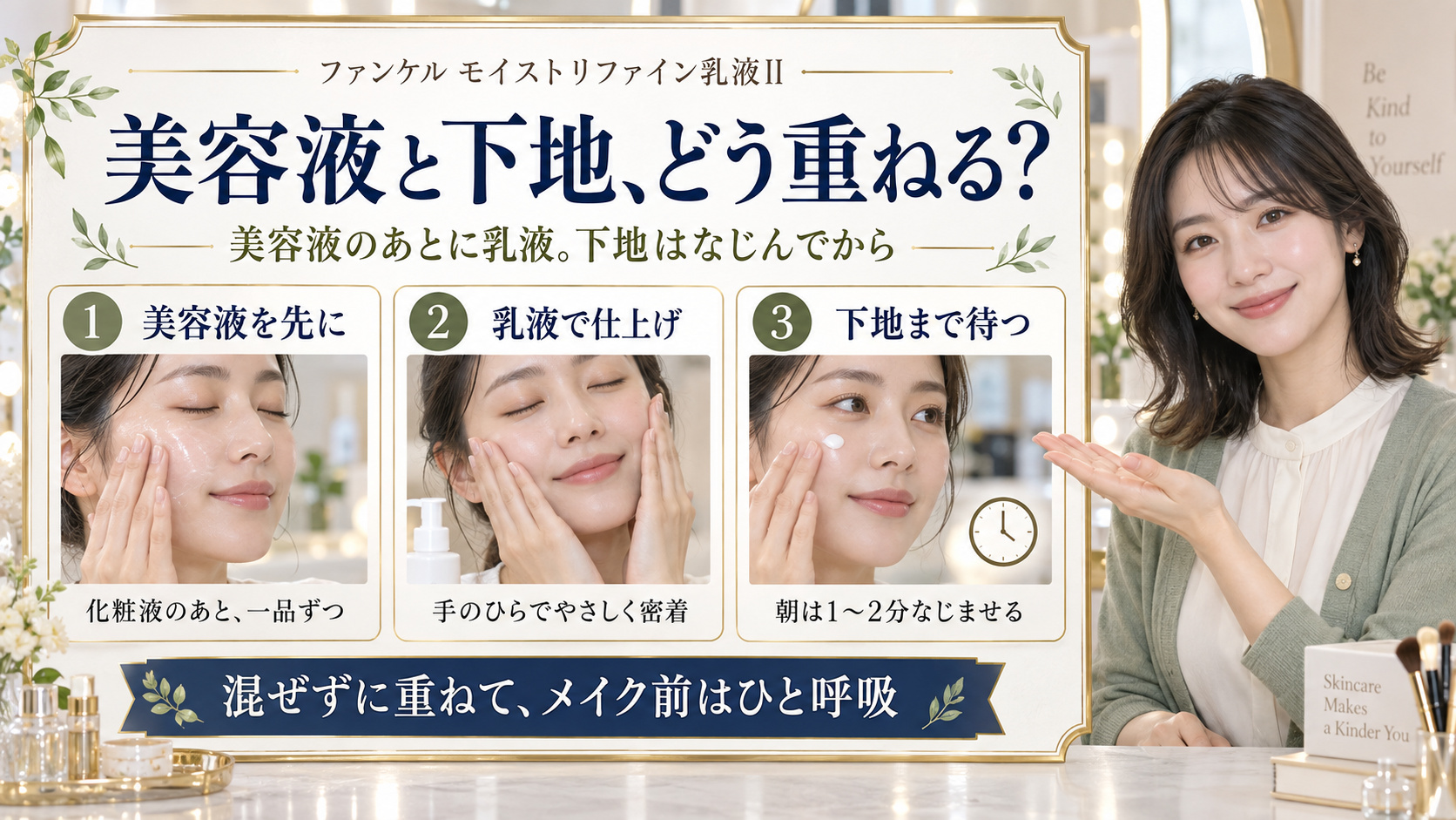 ファンケルモイストリファイン乳液IIは美容液のあとに重ね、朝の下地まで1〜2分なじませる併用手順