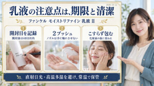 ファンケルモイストリファイン乳液IIの注意点。開封後60日以内、2プッシュを清潔に取り、化粧液の後にこすらず包む。直射日光と高温多湿を避けて常温保管。