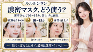 ルルルンワンを目元と口元に合わせて密着し、10〜15分で外して乳液やクリームを重ねる使い方