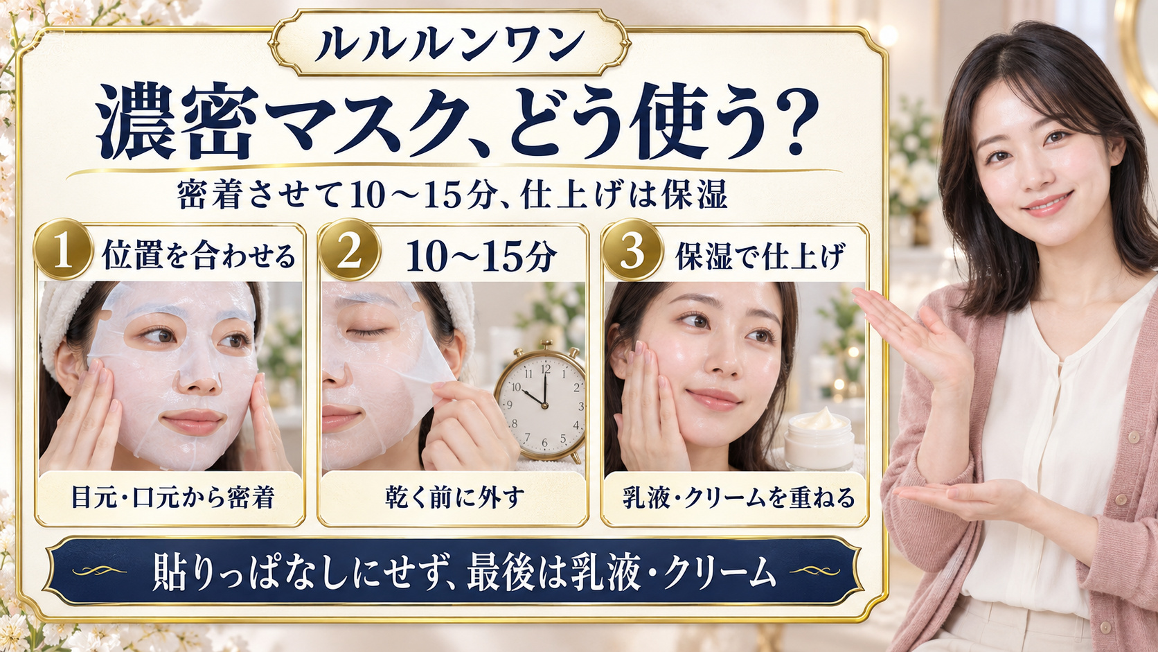 ルルルンワンを目元と口元に合わせて密着し、10〜15分で外して乳液やクリームを重ねる使い方