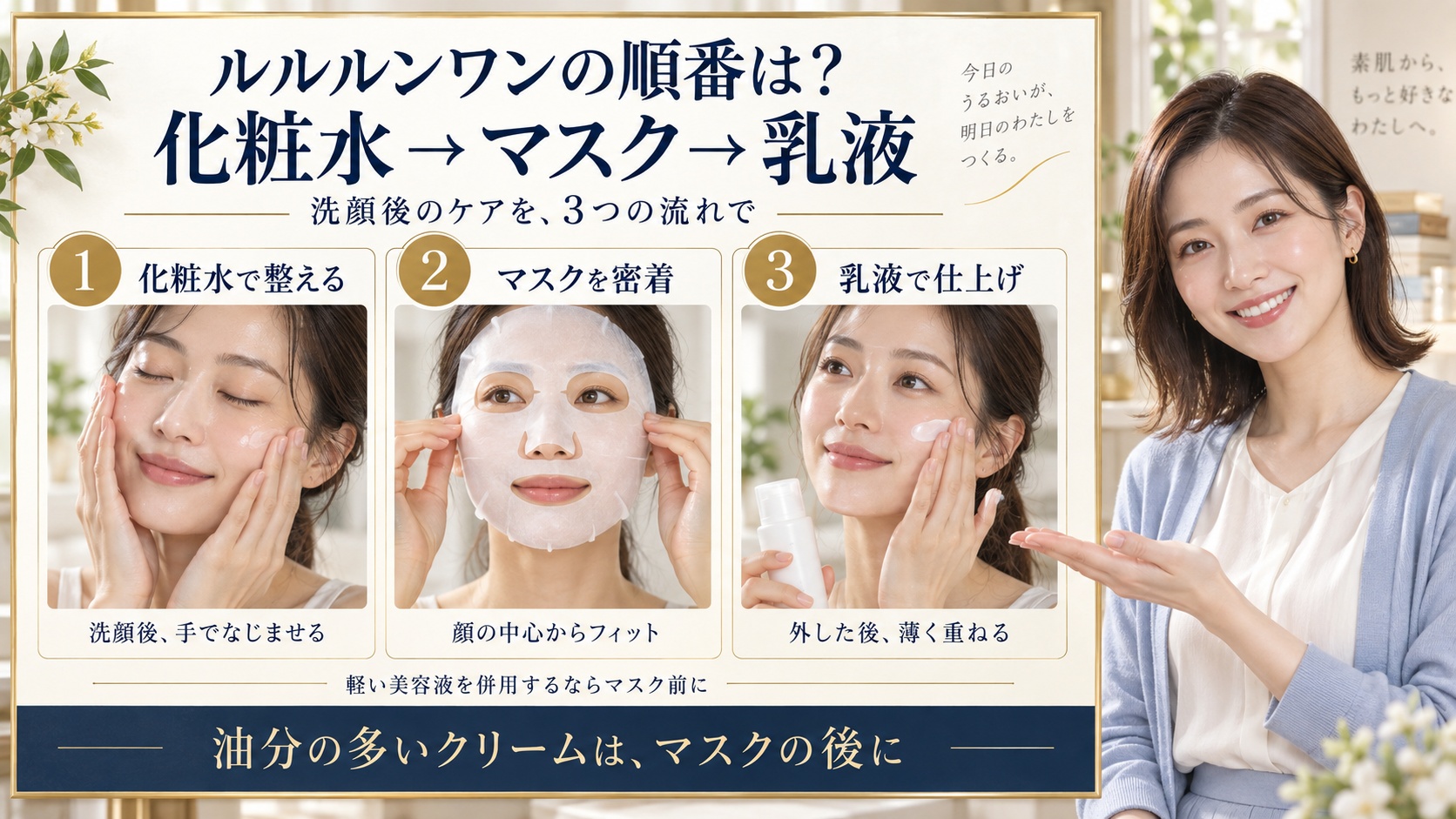 ルルルンワンの順番は化粧水、マスク、乳液。洗顔後に化粧水で整え、シートを密着させ、外した後に乳液で仕上げる3つの手順。