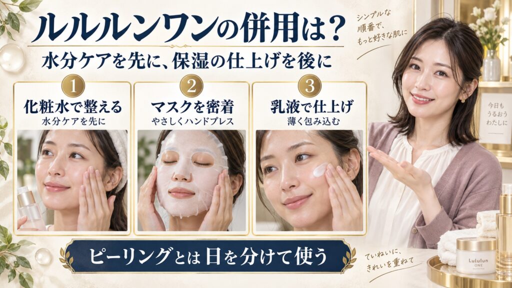 ルルルンワンの併用順序。化粧水で整え、マスクを密着させ、乳液で保湿を仕上げる。ピーリングとは日を分けて使う。