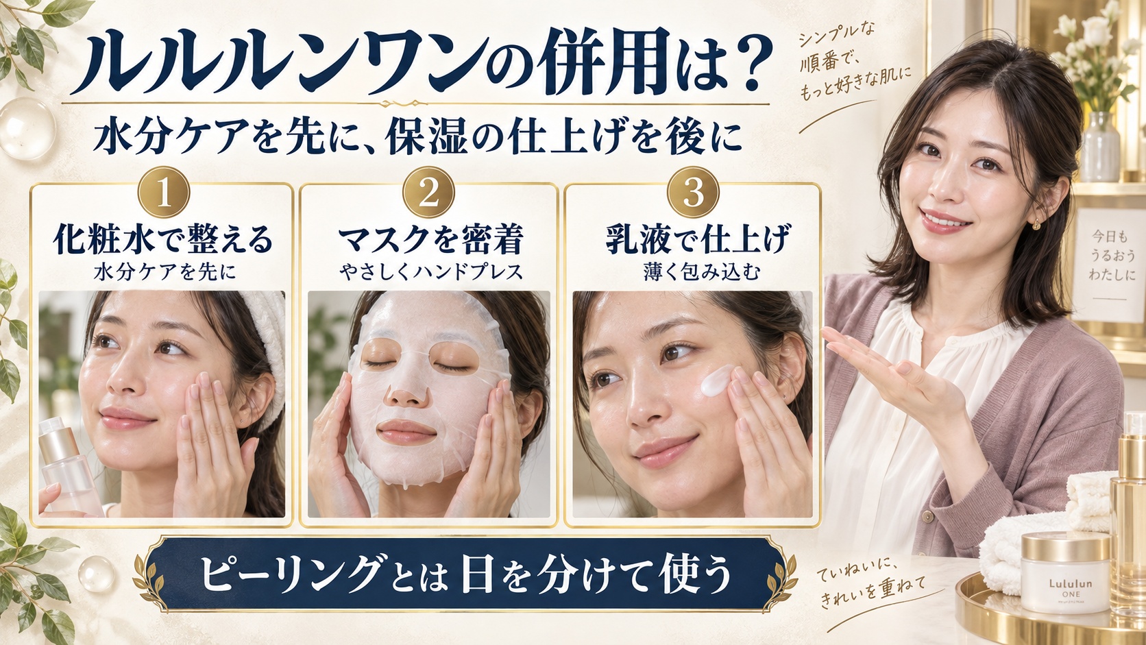 ルルルンワンの併用順序。化粧水で整え、マスクを密着させ、乳液で保湿を仕上げる。ピーリングとは日を分けて使う。