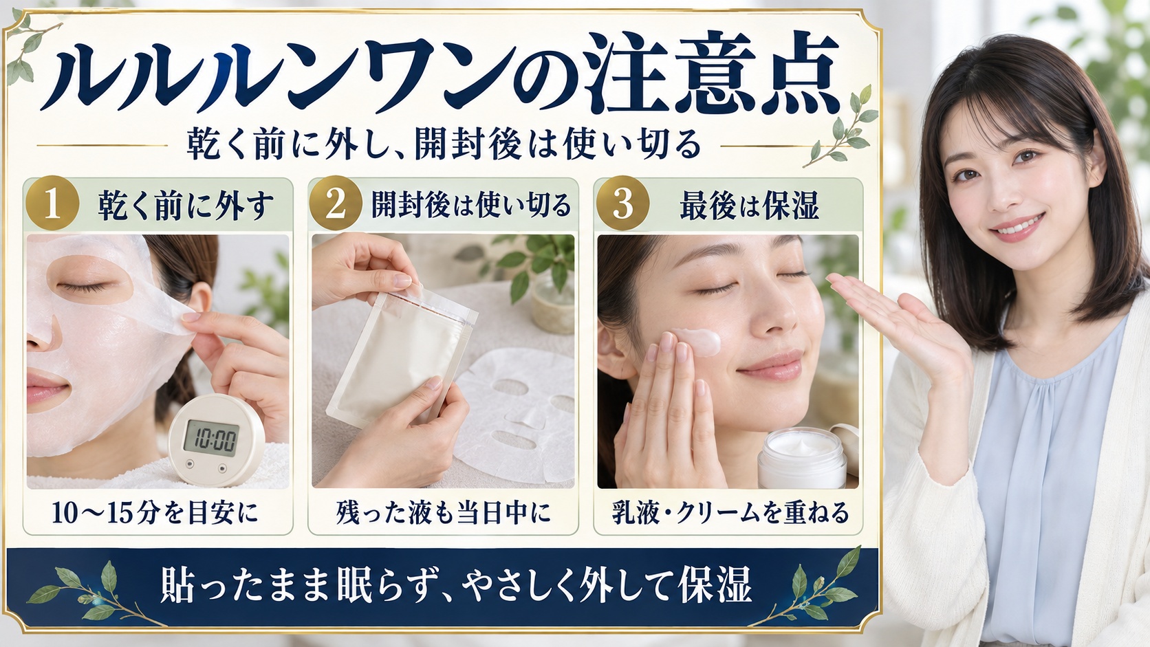 ルルルンワンの注意点。10〜15分を目安に乾く前に外し、開封後は残った液も当日中に使い切り、乳液・クリームで保湿する
