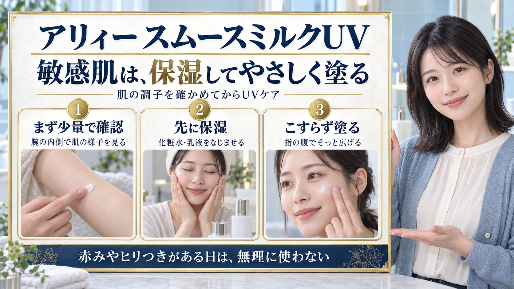 アリィースムースミルクUVを敏感肌で使う際の少量確認・事前保湿・こすらない塗布と刺激時の使用を控える案内