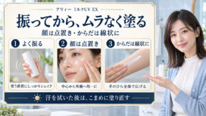 アリィーミルクUV EXはよく振り、顔は点置き、からだは線状に広げ、汗を拭いた後は塗り直す