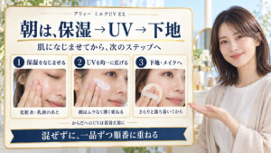 アリィー ミルクUV EXは朝の保湿後に塗り、なじませてから下地を重ねる手順