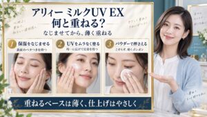 アリィー ミルクUV EXとベースメイクの併用。保湿をなじませ、UVを均一に塗り、パウダーをやさしく押さえる3手順。