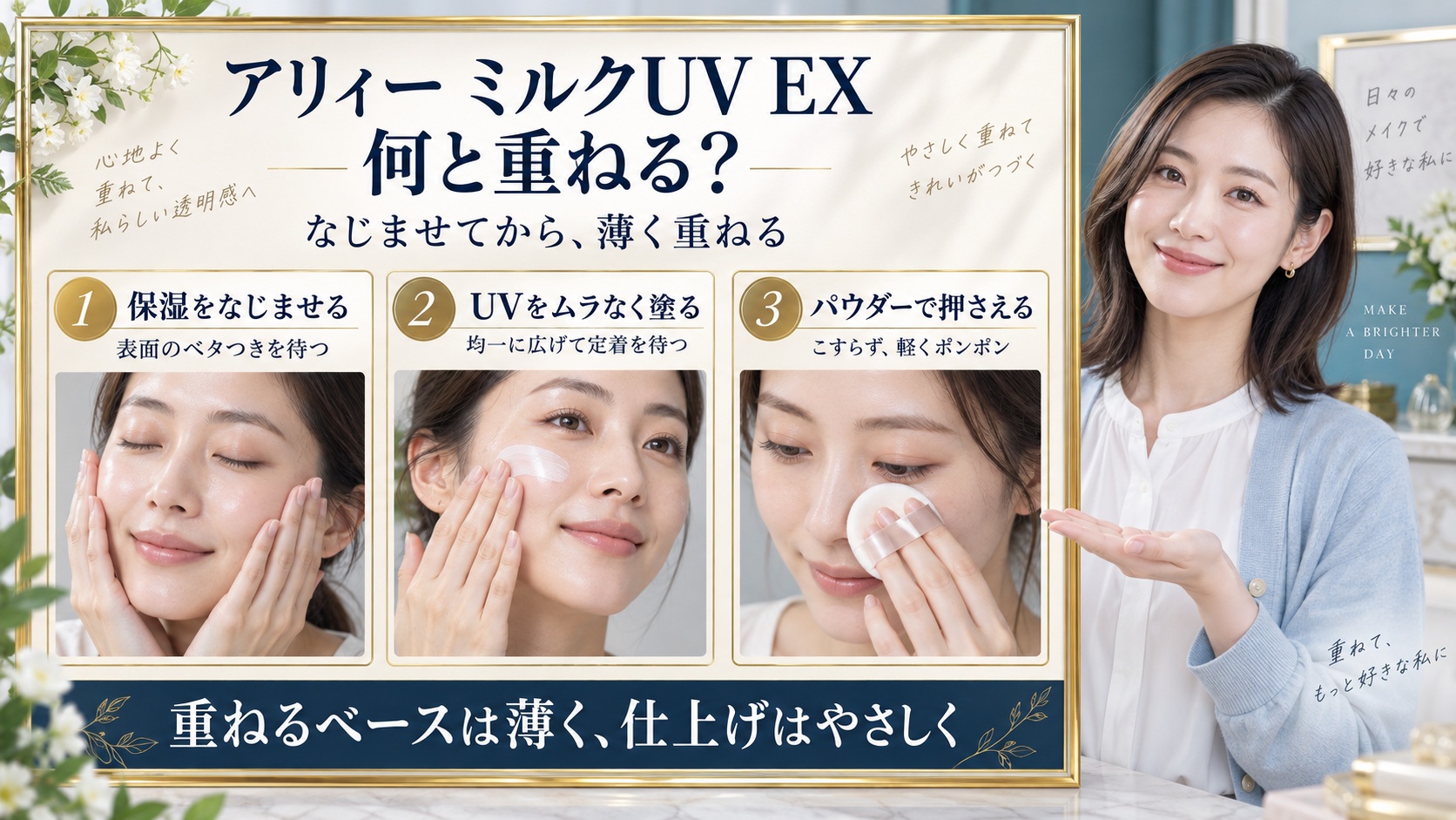 アリィー ミルクUV EXとベースメイクの併用。保湿をなじませ、UVを均一に塗り、パウダーをやさしく押さえる3手順。