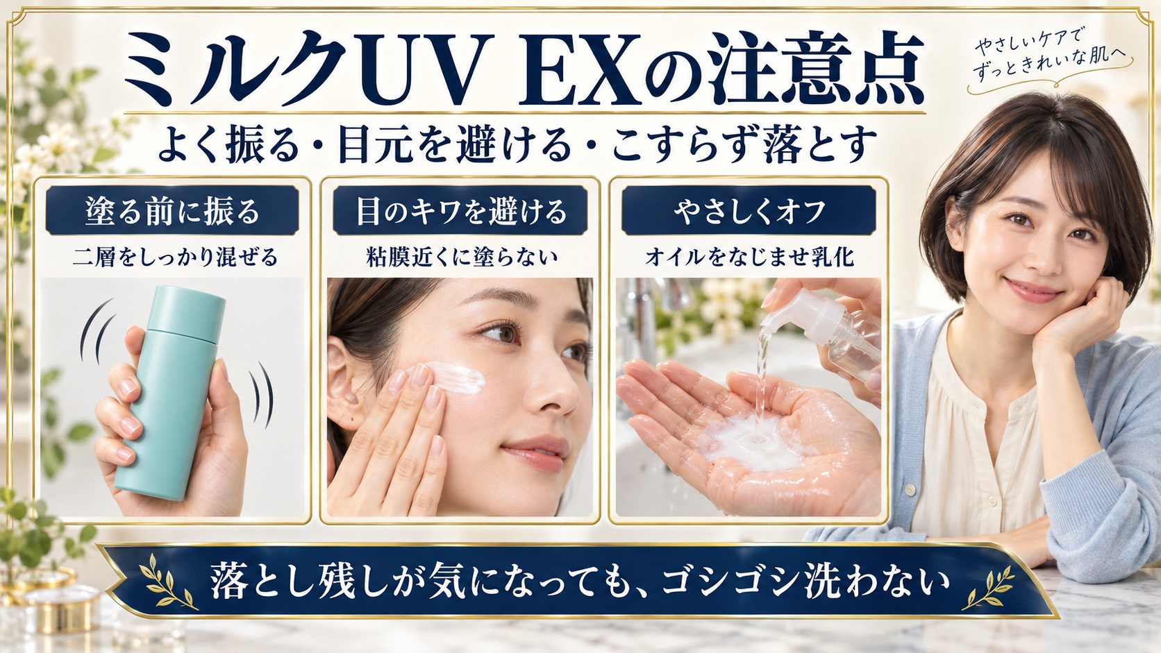 アリィーミルクUV EXの注意点。二層を振り混ぜ、目のキワを避け、こすらずオイルを乳化して落とす3つの動作。