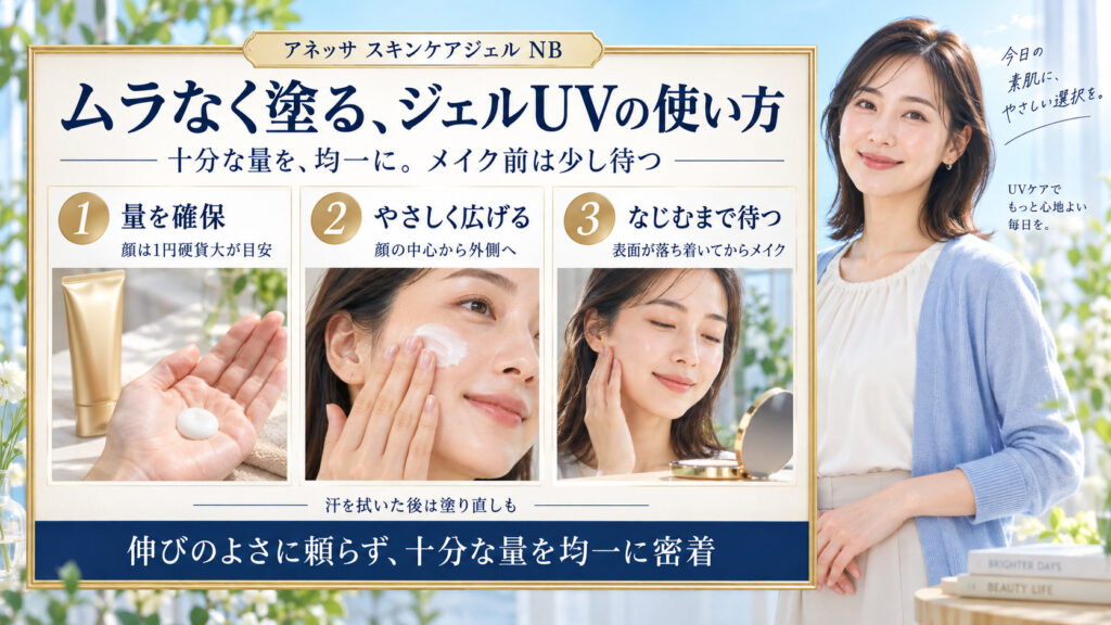 アネッサ スキンケアジェルNBを十分な量で均一に広げ、なじませてからメイクする3ステップ