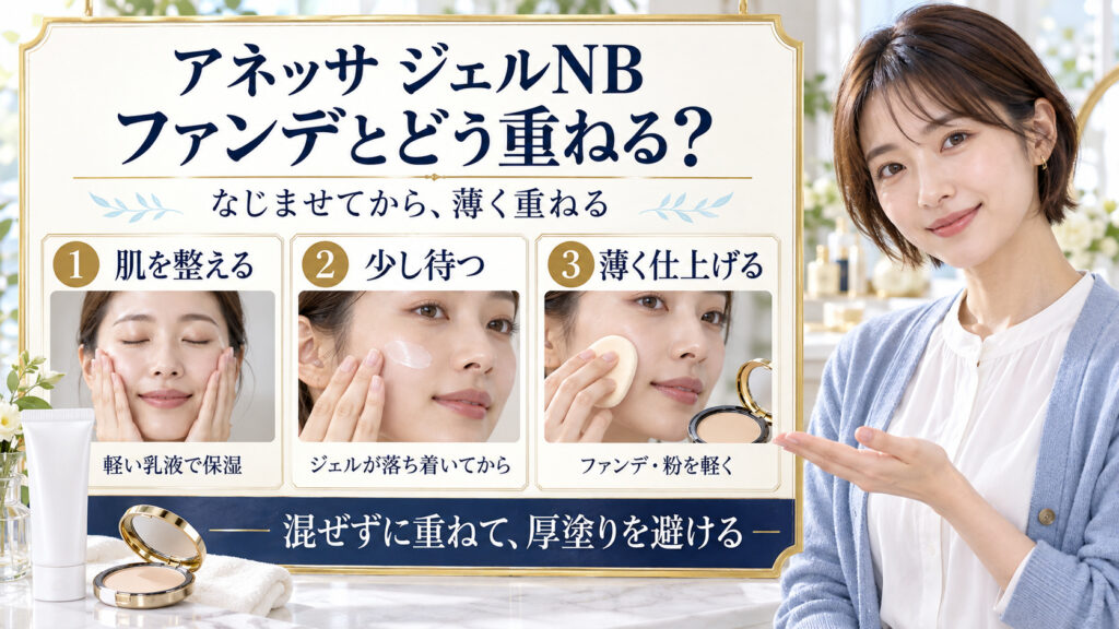 アネッサジェルNBとファンデの重ね方。軽い乳液で保湿し、ジェルが落ち着いてからファンデと粉を薄く仕上げる