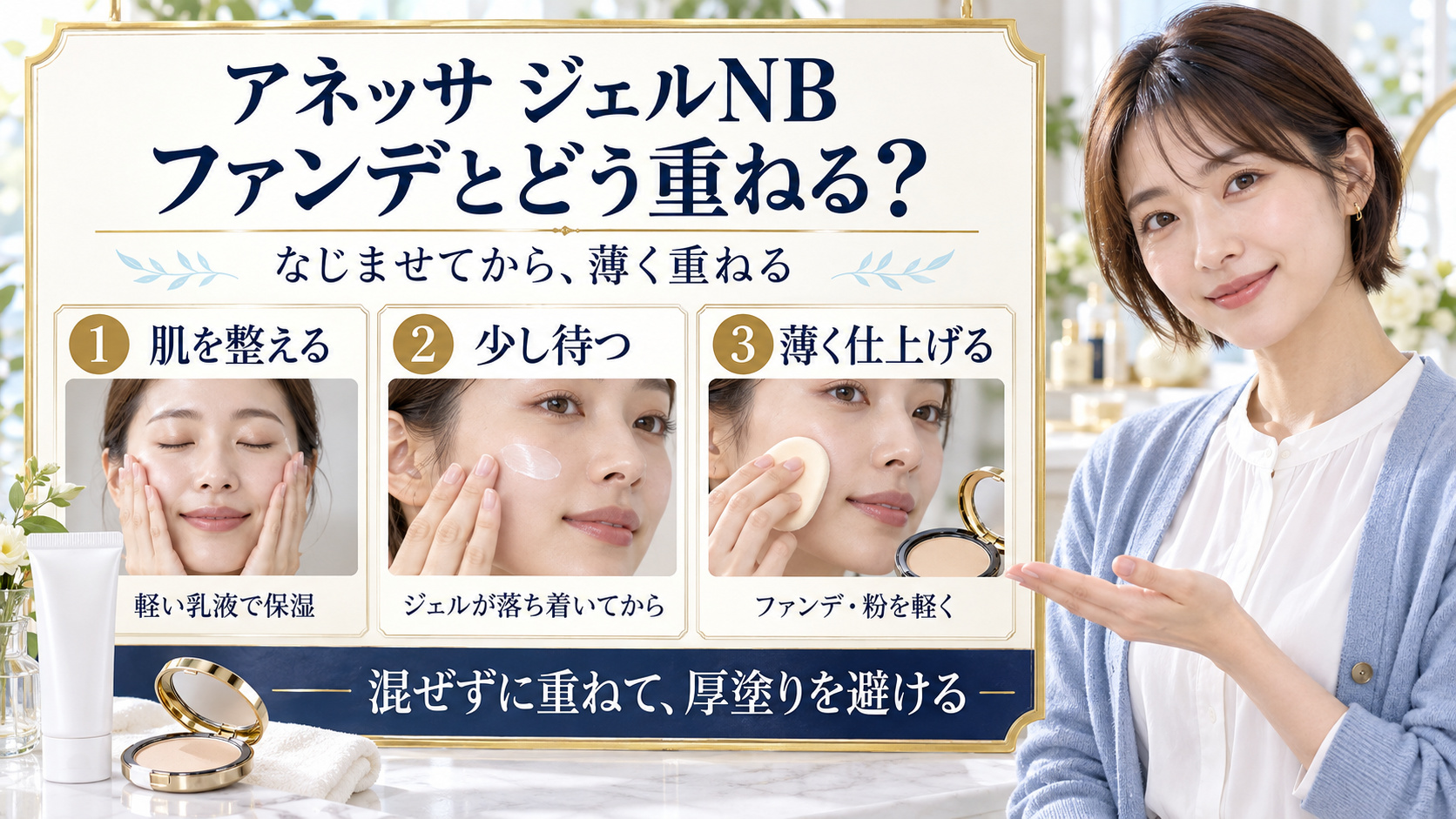 アネッサジェルNBとファンデの重ね方。軽い乳液で保湿し、ジェルが落ち着いてからファンデと粉を薄く仕上げる