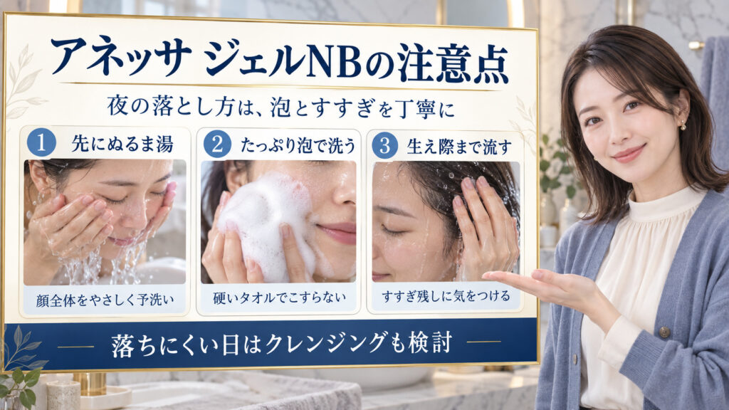 アネッサジェルNBの注意点。ぬるま湯で予洗い、たっぷり泡で洗い、生え際まですすぐ夜の落とし方
