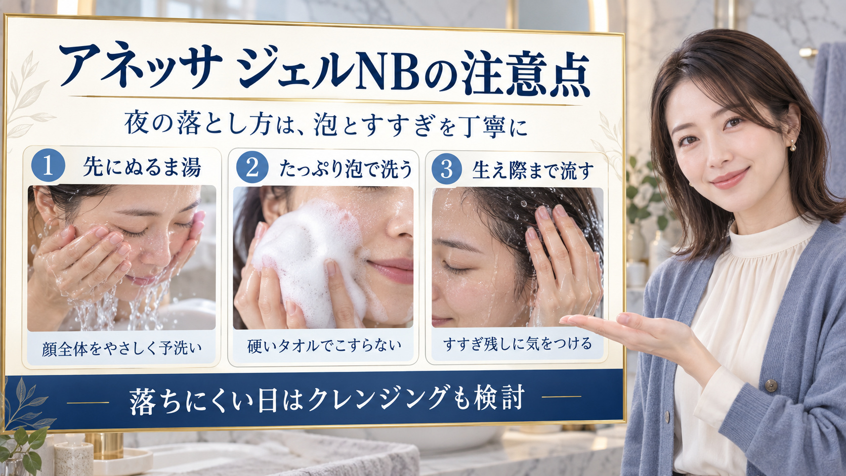 アネッサジェルNBの注意点。ぬるま湯で予洗い、たっぷり泡で洗い、生え際まですすぐ夜の落とし方