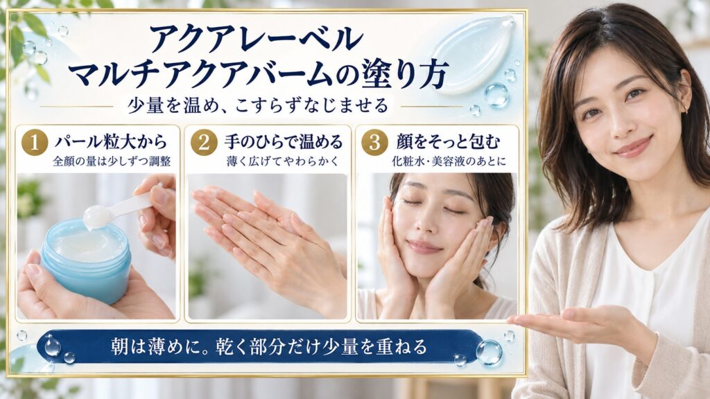 アクアレーベルマルチアクアバームはパール粒大から量を調整し、手のひらで温めて化粧水や美容液のあとに顔をそっと包む
