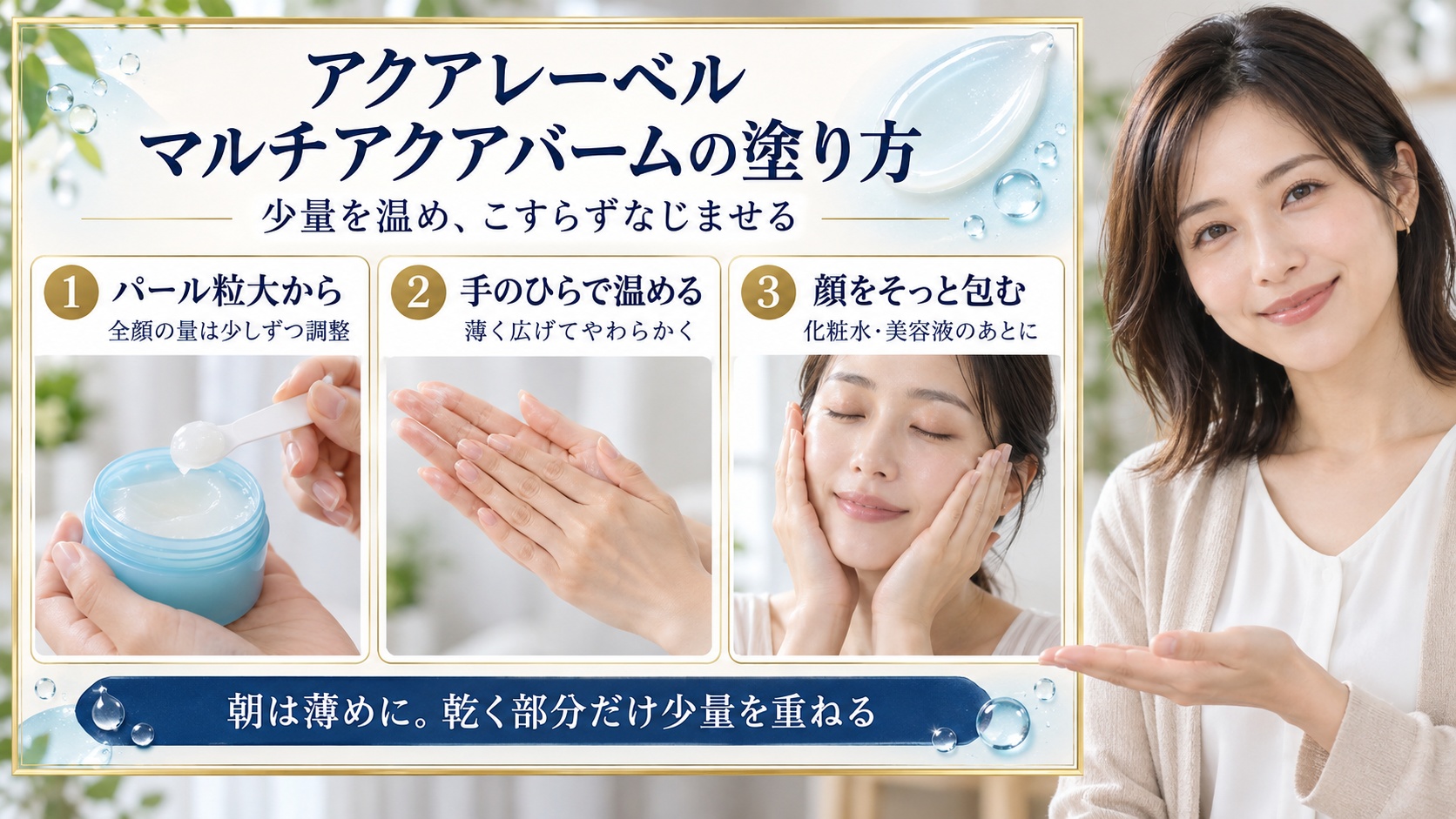 アクアレーベルマルチアクアバームはパール粒大から量を調整し、手のひらで温めて化粧水や美容液のあとに顔をそっと包む
